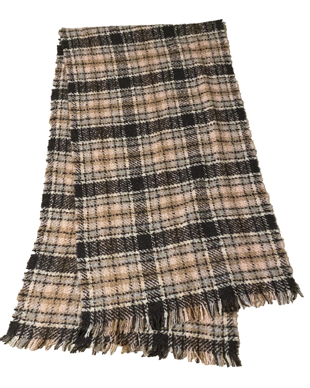Heavy Pink Brown Grey Plaid Tasseled Scarf Wrap Cottage Core Preppy 78” X 21”